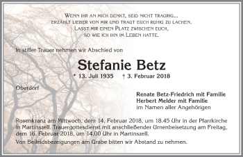 Traueranzeige von Stefanie Betz von Allgäuer Zeitung,Kempten