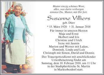 Traueranzeige von Susanne Villiers von Allgäuer Zeitung, Marktoberdorf