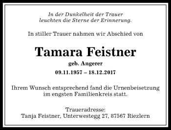 Traueranzeige von Tamara Feistner von Allgäuer Anzeigeblatt