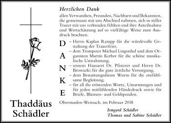Traueranzeige von Thaddäus Schädler von Der Westallgäuer