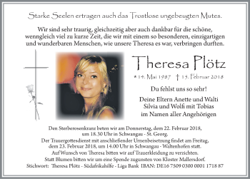 Traueranzeige von Theresa Plötz von Allgäuer Zeitung, Füssen