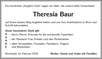 Traueranzeige von Theresia Baur von Allgäuer Zeitung, Kaufbeuren/Buchloe