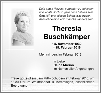 Traueranzeige von Theresia Buschkämper von Memminger Zeitung