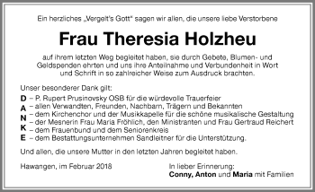 Traueranzeige von Theresia Holzheu von Memminger Zeitung