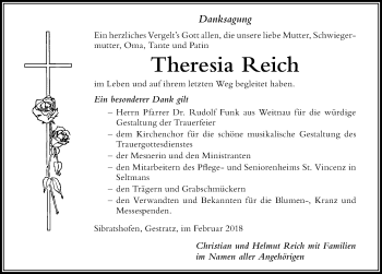 Traueranzeige von Theresia Reich von Der Westallgäuer