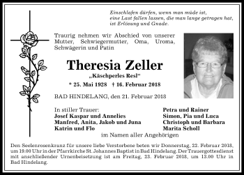Traueranzeige von Theresia Zeller von Allgäuer Anzeigeblatt