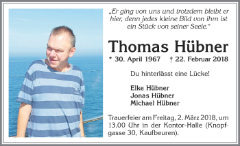 Traueranzeige von Thomas Hübner von Allgäuer Zeitung, Kaufbeuren/Buchloe
