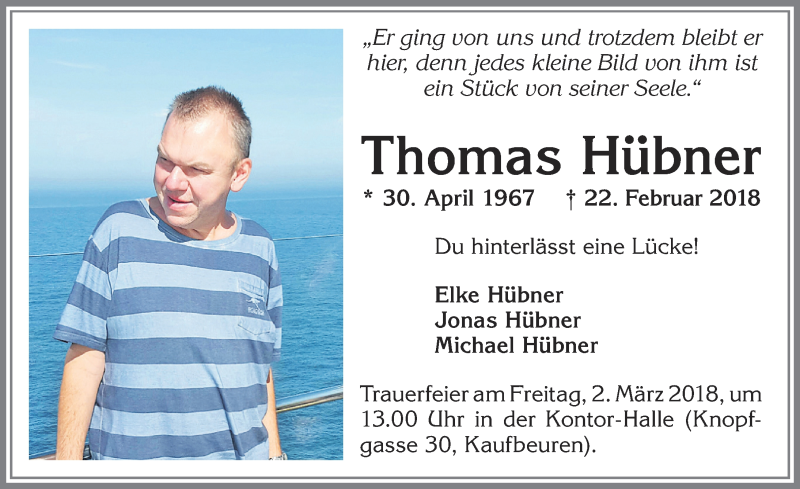  Traueranzeige für Thomas Hübner vom 26.02.2018 aus Allgäuer Zeitung, Kaufbeuren/Buchloe