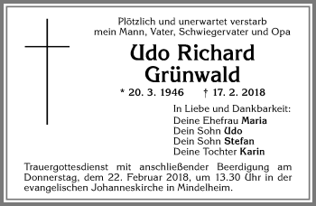 Traueranzeige von Udo Richard Grünwald von Allgäuer Zeitung,Kempten