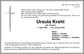 Traueranzeige von Ursula Krehl von Allgäuer Zeitung
