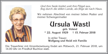 Traueranzeige von Ursula Wastl von Allgäuer Zeitung, Kaufbeuren/Buchloe