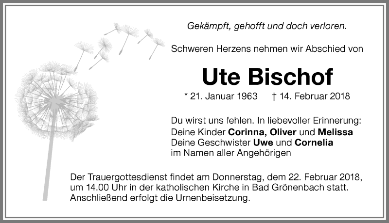  Traueranzeige für Ute Bischof vom 19.02.2018 aus Memminger Zeitung