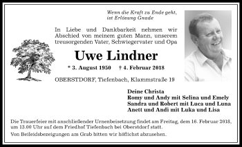 Traueranzeige von Uwe Lindner von Allgäuer Anzeigeblatt