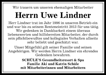 Traueranzeige von Uwe Lindner von Allgäuer Anzeigeblatt