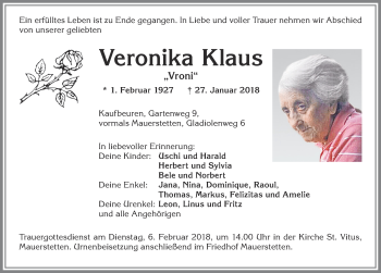 Traueranzeige von Veronika Klaus von Allgäuer Zeitung, Kaufbeuren/Buchloe