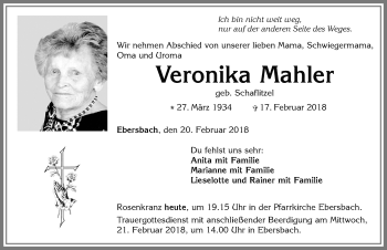 Traueranzeige von Veronika Mahler von Allgäuer Zeitung, Marktoberdorf