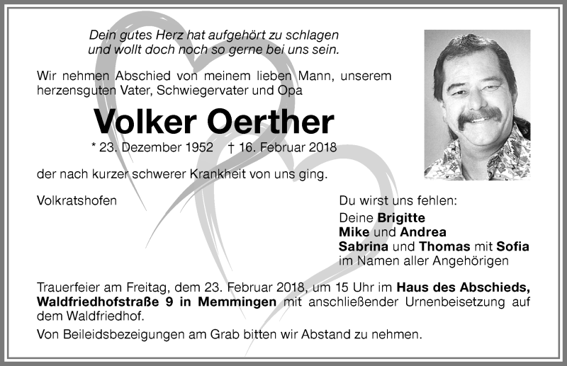  Traueranzeige für Volker Oerther vom 21.02.2018 aus Memminger Zeitung