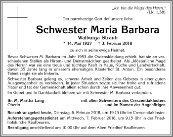 Traueranzeige von Walburga Straub von Allgäuer Zeitung, Kaufbeuren/Buchloe