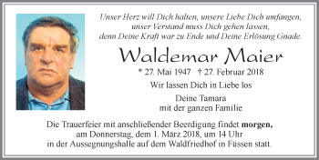 Traueranzeige von Waldemar Maier von Allgäuer Zeitung, Füssen