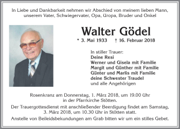 Traueranzeige von Walter Gödel von Allgäuer Zeitung, Marktoberdorf