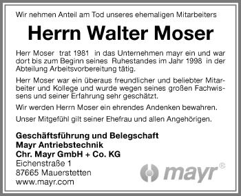 Traueranzeige von Walter Moser von Allgäuer Zeitung, Kaufbeuren/Buchloe
