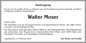 Traueranzeige von Walter Moser von Allgäuer Zeitung, Kaufbeuren/Buchloe
