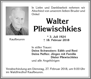 Traueranzeige von Walter Pliewischkies von Allgäuer Zeitung, Kaufbeuren/Buchloe