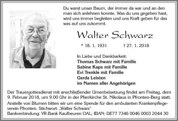 Traueranzeige von Walter Schwarz von Allgäuer Zeitung, Füssen