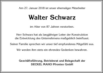 Traueranzeige von Walter Schwarz von Allgäuer Zeitung, Füssen