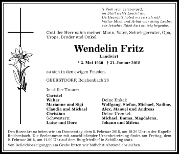 Traueranzeige von Wendelin Fritz von Allgäuer Anzeigeblatt