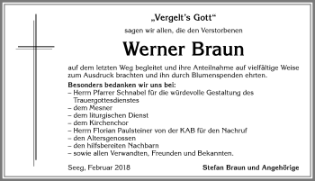 Traueranzeige von Werner Braun von Allgäuer Zeitung, Füssen
