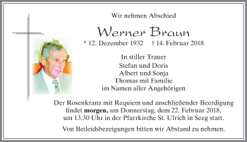 Traueranzeige von Werner Braun von Allgäuer Zeitung, Füssen