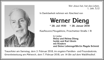 Traueranzeige von Werner Dieng von Allgäuer Zeitung, Kaufbeuren/Buchloe