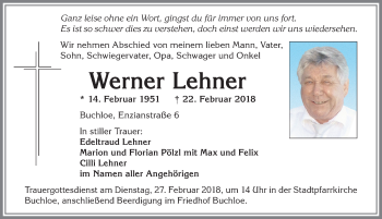 Traueranzeige von Werner Lehner von Allgäuer Zeitung, Kaufbeuren/Buchloe
