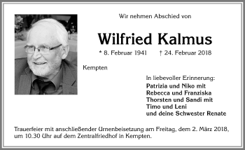 Traueranzeige von Wilfried Kalmus von Allgäuer Zeitung