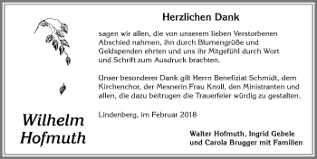 Traueranzeige von Wilhelm Hofmuth von Allgäuer Zeitung, Kaufbeuren/Buchloe