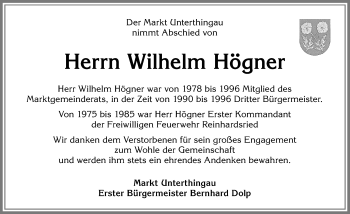 Traueranzeige von Wilhelm Högner von Allgäuer Zeitung, Marktoberdorf