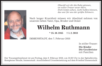 Traueranzeige von Wilhelm Ruthmann von Allgäuer Anzeigeblatt