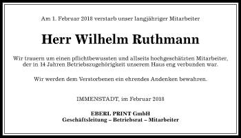 Traueranzeige von Wilhelm Ruthmann von Allgäuer Anzeigeblatt