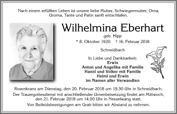 Traueranzeige von Wilhelmina Eberhart von Allgäuer Zeitung, Füssen