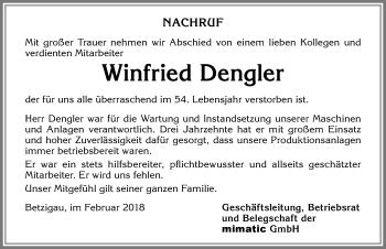 Traueranzeige von Winfried Dengler von Allgäuer Zeitung,Kempten