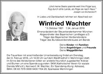 Traueranzeige von Winfried Wachter von Memminger Zeitung
