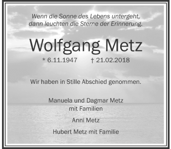 Traueranzeige von Wolfgang Metz von Der Westallgäuer