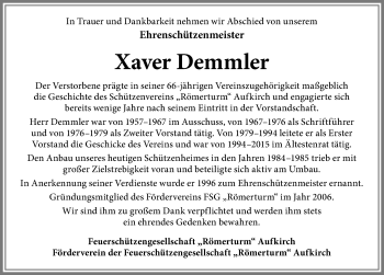 Traueranzeige von Xaver Demmler von Allgäuer Zeitung, Kaufbeuren/Buchloe
