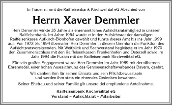 Traueranzeige von Xaver Demmler von Allgäuer Zeitung, Kaufbeuren/Buchloe