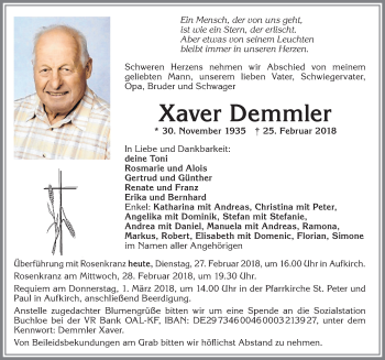 Traueranzeige von Xaver Demmler von Allgäuer Zeitung, Kaufbeuren/Buchloe