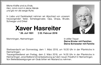 Traueranzeige von Xaver Hasreiter von Memminger Zeitung