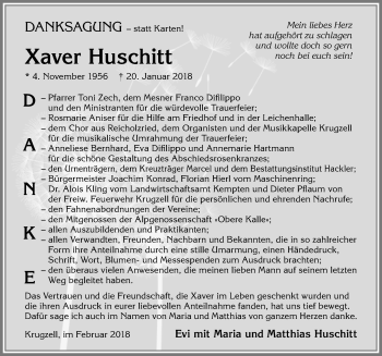 Traueranzeige von Xaver Huschitt von Allgäuer Zeitung, Gesamtausgabe