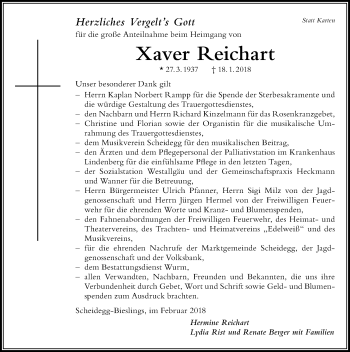 Traueranzeige von Xaver Reichart von Der Westallgäuer