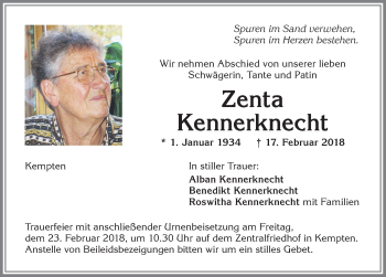 Traueranzeige von Zenta Kennerknecht von Allgäuer Zeitung,Kempten